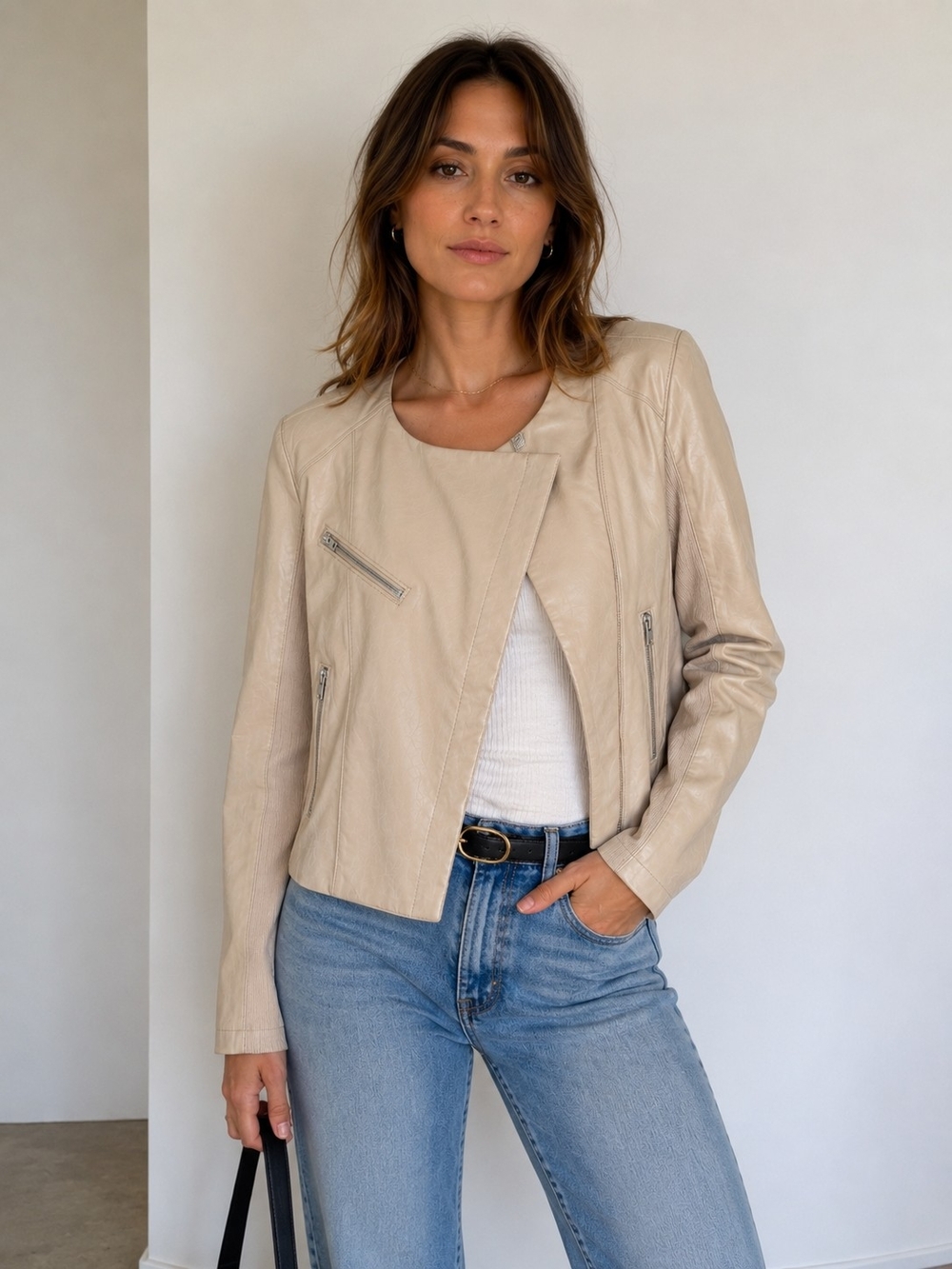 Blank NYC Light Beige Leather Moto Jacket